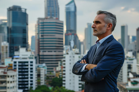Amidst the hustle and bustle of the business city, the middle-aged business man, a seasoned CEO executive, stands confidently with arms crossed, his gaze fixed on the distant skyline, envisioning the fulfillment of his dreams and the realization of future success.の素材