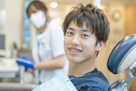 Cropped portrait of a charming Japanese man with braces sitting in a dental chair. Doctor in gloves holding examination tools behind. Braces, alignment of teeth.の素材
