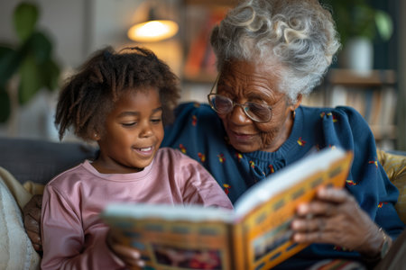 An elderly African American grandmother and her granddaughter are happily reading a book together, enjoying a moment of learning and education as they bond as a family.の素材