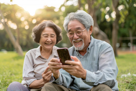 Embracing the digital age, an elderly couple utilizes their smartphones for online communication, participating in a lively video call conference outdoors, demonstrating their dedication to staying engaged and connected even in retirement.の素材