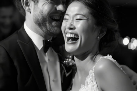 Joyous wedding portrait showing the bride and groom's happiness on their wedding day.の素材