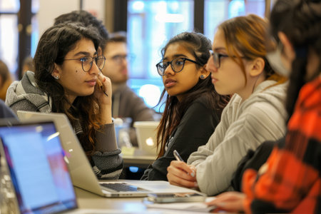 In an office setting, a diverse group of young professionals, including businesswomen, businessmen, and students, come together for a seminar on startup creativity and education, utilizing laptops and tablets for brainstorming sessions.の素材