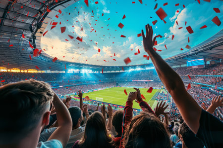 Crowd of sports fans, filled with excitement and passion, cheer during a match in a stadium as they root for their favorite sports team to emerge victorious.の素材