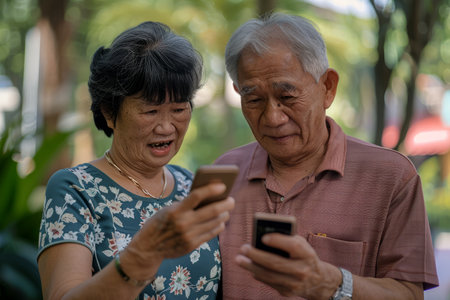 In an outdoor setting, an elderly couple embraces modern communication technology, engaging in an active video call conference on their smartphones, showing their commitment to staying connected and involved in retirement.の素材
