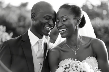 Joyous wedding portrait showing the bride and groom's happiness on their wedding day.の素材