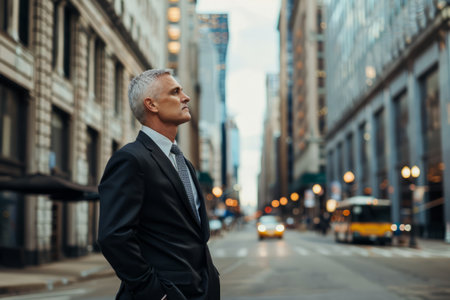 With a demeanor of assurance, the rich middle-aged businessman, a seasoned CEO executive leader and investor, stands confidently on the city street, his gaze fixed on the horizon as he dreams of the abundant success that lies ahead.の素材
