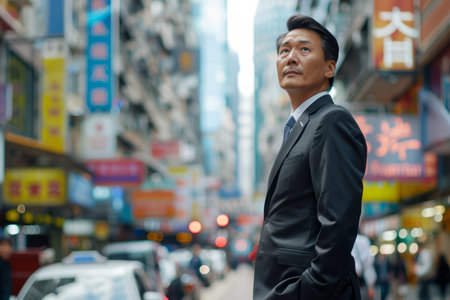 Standing tall on the bustling city street, the rich middle-aged businessman projects an aura of assurance and determination, his eyes fixed on the possibilities that lie ahead, his mind abuzz with aspirations of future success and prosperity.の素材