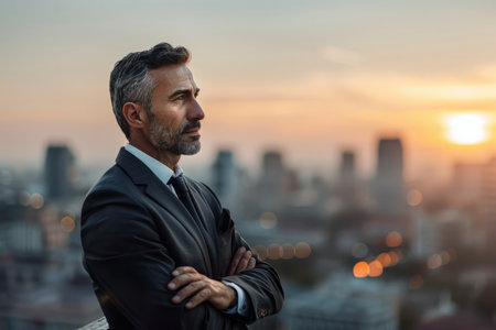 Dressed impeccably in a suit, the mature CEO investor stands amidst the urban landscape, his arms crossed as he gazes into the distance, his thoughts consumed by the possibilities of future success, a glimmer of anticipation shining in his eyes.の素材