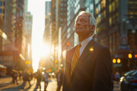 Amidst the bustling cityscape, the mature older business man stands tall in his suit, his eyes alight with hope and ambition as he envisions the prosperous future awaiting him, a sense of confidence radiating from his stance.の素材