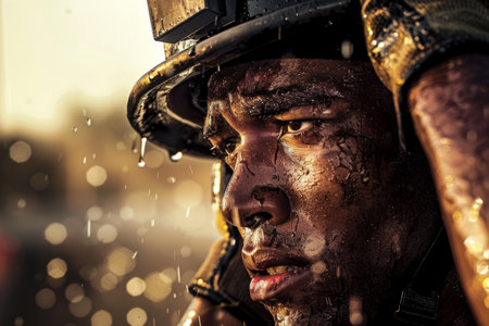 A firefighter emerging victorious from a grueling training exercise, sweat glistening on his brow as he removes his helmet and catches his breath, his dedication and resilience honored through rigorous preparation and practice.の素材
