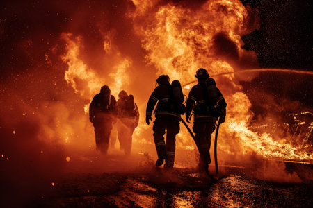 A group of brave fighting firefighters a raging inferno, their silhouettes illuminated by the flames as they work tirelessly to contain the blaze and save lives.の素材