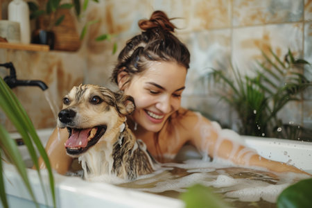 A Hispanic woman laughs as she bathes her dog in the bathtub, the dog shaking off water joyfully. Embracing the concept of animal care, spa procedures for pets, and fun, they indulge in a playful and uplifting experience that strengthens their bond and nurtures their relationship.の素材