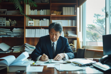 A Japanese businessman, meticulously arranging documents on his desk in a minimalist office setting, preparing for a high-stakes negotiation with precision and attention to detail, his focused demeanor reflecting discipline and diligence.の素材