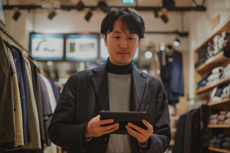 A Japanese seller stands poised in the showroom, efficiently using a digital tablet to assist customers browsing through clothes. His attention to detail and technological proficiency contribute to a seamless shopping experience for visitors.の素材