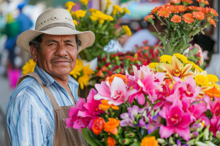 A Latino flower vendor spreading joy with his colorful arrangements at a festive celebration, his vibrant blooms adding to the festive atmosphere.の素材