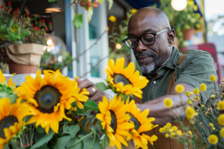 An African American florist arranging sunflowers and daisies in his urban flower shop, bringing a touch of nature to the bustling city streets.の素材