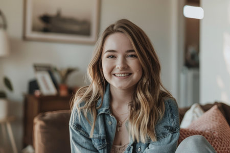 A young Caucasian woman from Generation Z, leveraging her platform as a content creator and influencer to raise awareness about mental health and self-care, her candid discussions and vulnerability breaking down stigma and fostering a culture of openness and empathy among her peers.の素材