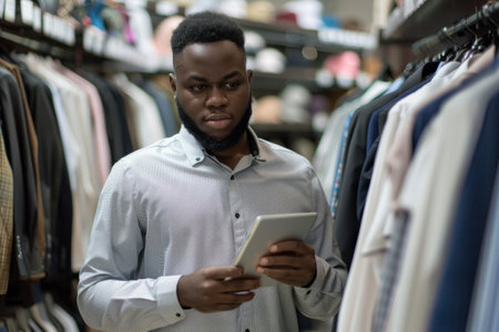A young African American seller confidently uses a digital tablet while standing in the showroom filled with clothes. His expertise and professionalism shine as he assists customers with their selections, leveraging technology to provide efficient service.の素材
