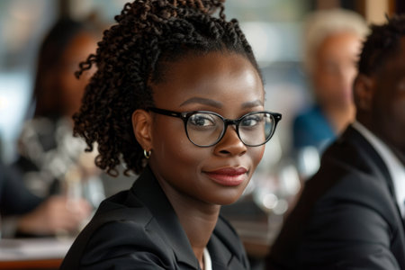 A poised African American businesswoman, wearing glasses and a tailored suit, confidently leading a team meeting, her magnetic presence commanding attention and respect.の素材