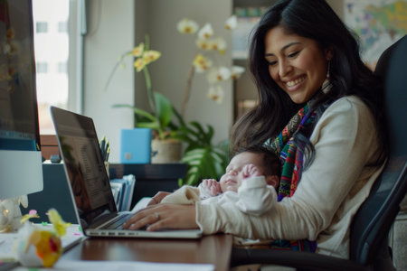 A Latina CEO, balancing work and family life with grace, skillfully managing a conference call while nurturing her newborn baby in a stylish, family-friendly office environment, embodying the essence of modern motherhood.の素材