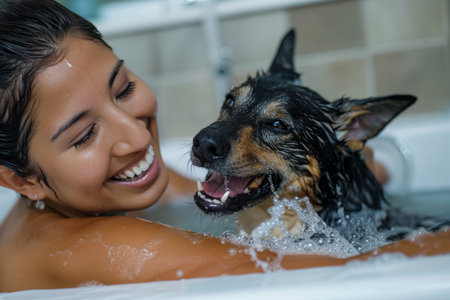 A Hispanic woman laughs as she bathes her dog in the bathtub, the dog shaking off water joyfully. Embracing the concept of animal care, spa procedures for pets, and fun, they indulge in a playful and uplifting experience that strengthens their bond and nurtures their relationship.の素材