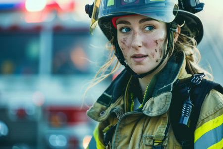 A female firefighter responding to a medical emergency, providing critical care and life-saving interventions with skill and compassion, her role as a first responder extending beyond fighting fires to helping those in need of urgent medical assistance.の素材