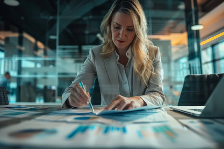 A Caucasian businesswoman, poring over market research data in a sleek corporate boardroom, formulating strategic plans with confidence and foresight, her sharp intellect driving the company's success.の素材