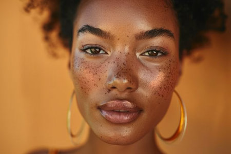 A Black woman blending her diverse cultural influences into her natural cosmetic brand, celebrating the beauty of multiculturalism and offering products that cater to a wide range of skin types and tones.の素材