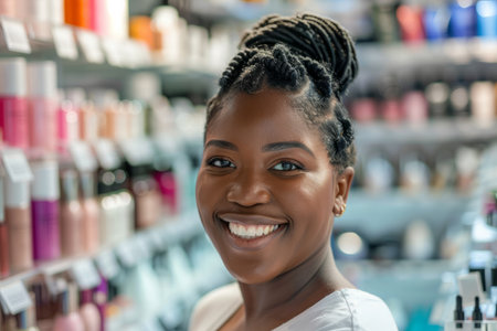 A confident African American woman selling cosmetics, her warm smile and expertise guiding customers to find the perfect products for their skin tones and preferences.の素材