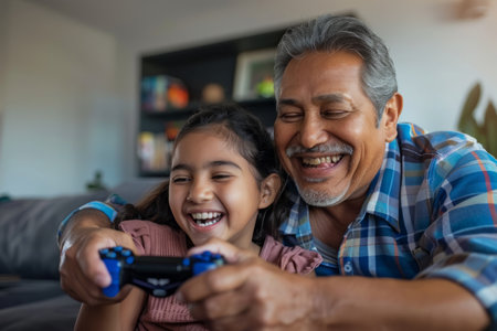 A Latino father and daughter laugh and play together in the living room, enjoying a video game session. The joy of family gaming fills the air as they share in the excitement of virtual adventures, creating precious moments of happiness and togetherness.の素材