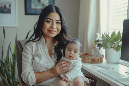 A Latina CEO, balancing work and family life with grace, skillfully managing a conference call while nurturing her newborn baby in a stylish, family-friendly office environment, embodying the essence of modern motherhood.の素材