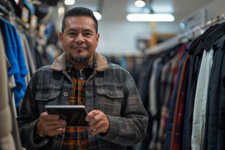 A Latino seller stands in the showroom, skillfully utilizing a digital tablet amidst racks of clothes. His friendly demeanor and technological savvy make him a valuable asset in assisting customers and showcasing the latest fashion offerings.の素材