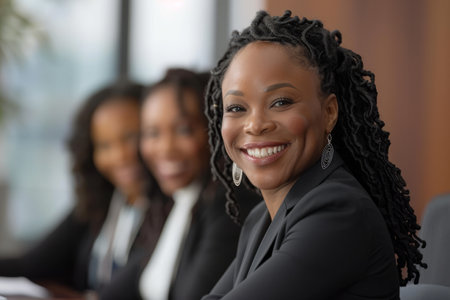 African American businesswoman leading diverse team in boardroom.の素材