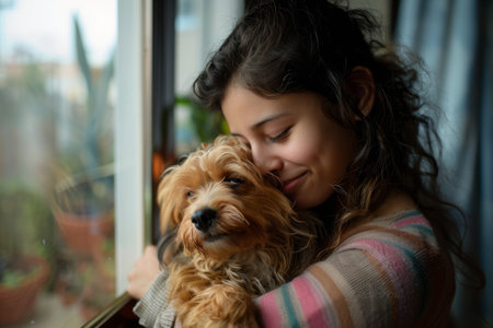 A Hispanic young woman embraces her dog while practicing yoga at home, experiencing the benefits of dog therapy for mental health. Their shared moment of affection during the yoga session reflects the bond between them, fostering a sense of calm and tranquility in her mind and body.の素材