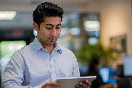 A portrait captures the concentration and determination of a young modern business man as he utilizes a digital tablet to accomplish tasks in the office. With precision and efficiency, he navigates through his workload, leveraging technology to stay organized and efficient. His commitment to excellence and continuous improvement fuels his success in the ever-evolving landscape of modern business.の素材