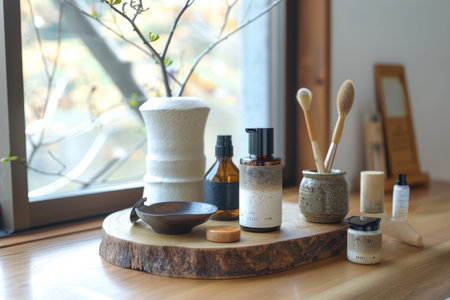 A Japanese woman with a deep reverence for nature, curating a selection of natural cosmetics inspired by the Japanese philosophy of wabi-sabi, embracing imperfection and honoring the beauty of simplicity.の素材