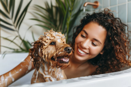 A Latino woman lovingly washes her dog in the bathtub, the dog shaking off water playfully. Immersed in the concept of animal care, spa procedures for pets, and fun, they enjoy a rejuvenating experience that strengthens their bond and nurtures their relationship.の素材