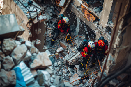 A team of firefighters conducting a search and rescue operation in a collapsed building, using specialized equipment and training to locate and extract survivors trapped in the rubble, their determination unwavering despite the challenging conditions.の素材