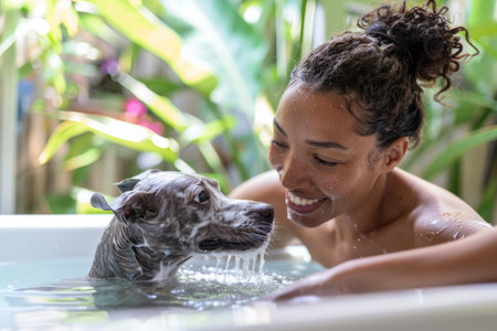 A Latino woman lovingly washes her dog in the bathtub, the dog shaking off water playfully. Immersed in the concept of animal care, spa procedures for pets, and fun, they enjoy a rejuvenating experience that strengthens their bond and nurtures their relationship.の素材