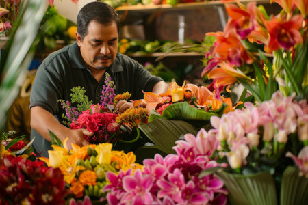 A Hispanic florist arranging elegant bouquets in his boutique, infusing his creations with warmth and flair inspired by his cultural heritage.の素材