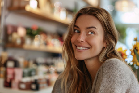A Caucasian woman with a keen eye for trends and a knack for customer service, delighting shoppers as a cosmetic seller with her product recommendations and personalized beauty advice.の素材