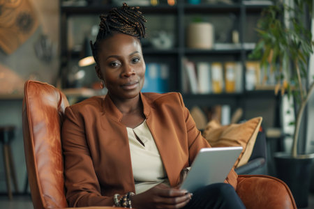 A black entrepreneur business woman is captured in a portrait, taking a brief respite during her busy day in the office, digital tablet in hand. With a serene demeanor, she radiates intelligence and strength, embodying the qualities of a successful leader and innovator. Her poised presence and unwavering focus inspire admiration and respect among her colleagues.の素材