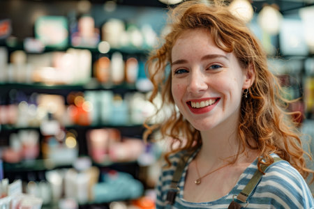 A Caucasian woman with a keen eye for trends and a knack for customer service, delighting shoppers as a cosmetic seller with her product recommendations and personalized beauty advice.の素材