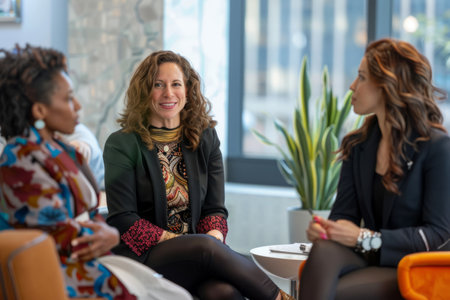 A diverse group of women leaders, gathered in a collaborative workspace, engaging in a lively discussion on promoting diversity and gender equality in the workplace.の素材