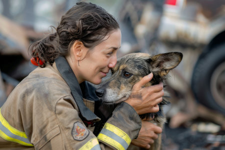 A compassionate woman firefighter comforting a frightened family pet rescued from a fire, her gentle touch and soothing voice providing comfort and reassurance to the distressed animal, as she ensures its safety and well-being.の素材