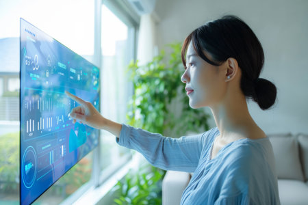 A Japanese young woman seamlessly controls her home with a digital touch screen panel installed in the living room. Immersed in the world of smart home technology and mobile applications, she navigates through the interface with precision, optimizing her living environment for comfort and efficiency. Her proficiency with technology elevates her lifestyle with modern convenience.の素材