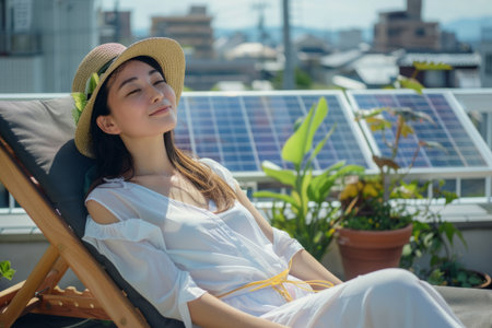 A Japanese young woman reclines on a lounge chair on a rooftop equipped with a solar station. Grateful for her energy-independent household, she embodies the principles of an eco-friendly and sustainable lifestyle. Her serene expression mirrors the peace of mind that comes from living in harmony with the environment.の素材