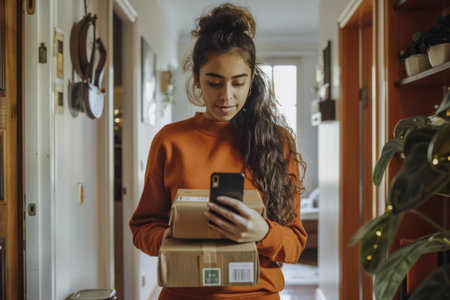 A Hispanic young woman stands in the hallway at home, parcels in hand, while using her smartphone to check goods. Fully immersed in the concept of buying online and delivering goods home, she showcases the convenience of digital shopping platforms. Her adeptness at managing purchases reflects her ability to navigate the modern marketplace.の素材