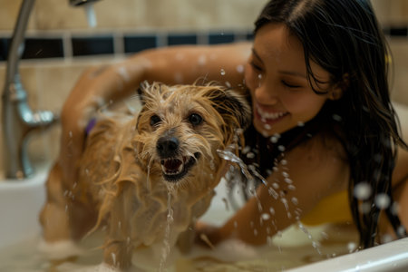 A Latino woman lovingly washes her dog in the bathtub, the dog shaking off water playfully. Immersed in the concept of animal care, spa procedures for pets, and fun, they enjoy a rejuvenating experience that strengthens their bond and nurtures their relationship.の素材