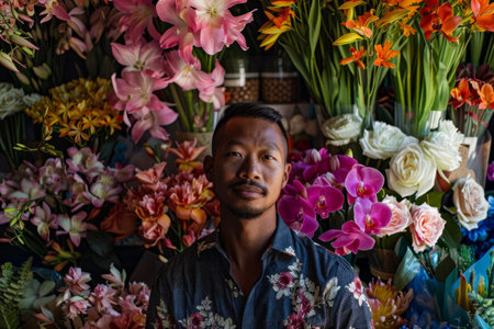 A Asian entrepreneur infusing his diverse cultural influences into his floral business, offering a fusion of traditional and contemporary floral designs that reflect the richness and diversity of his heritage, captivating customers with his unique style and vision.の素材